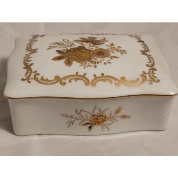 Lefton Porcelain Trinket Box With Gold Leaf Flowers  Pattern 923 with Markings - Picture 4 of 11